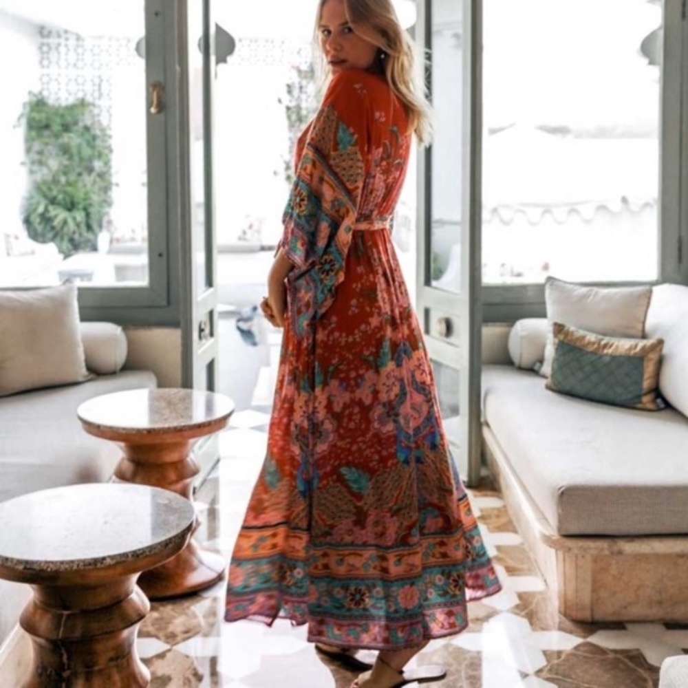 SOLD OUT Bohemian Red Floral Gypsy Kimono Long Maxi Dress - Picture 5 of 16